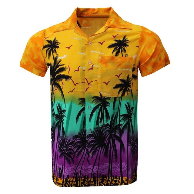 Summer Men Shirt Casual Button Hawaii Print Beach