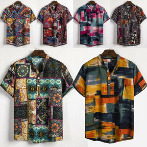 National Style Men Linen Floral Print Shirt Summer Hawaii Holiday