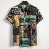 National Style Men Linen Floral Print Shirt Summer Hawaii Holiday
