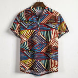 National Style Men Linen Floral Print Shirt Summer Hawaii Holiday