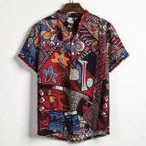National Style Men Linen Floral Print Shirt Summer Hawaii Holiday