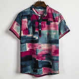 National Style Men Linen Floral Print Shirt Summer Hawaii Holiday