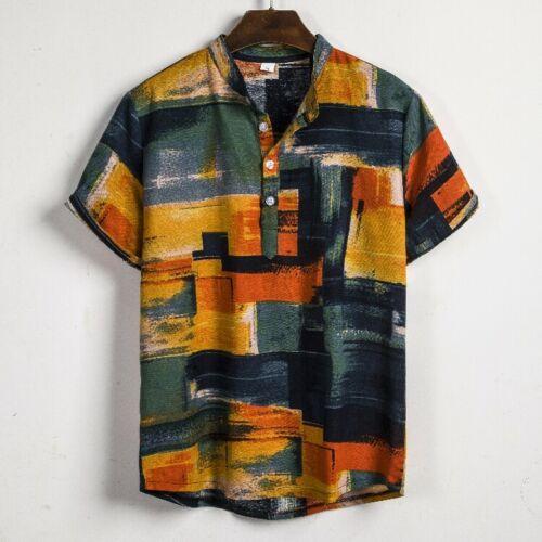 National Style Men Linen Floral Print Shirt Summer Hawaii Holiday