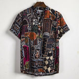 National Style Men Linen Floral Print Shirt Summer Hawaii Holiday