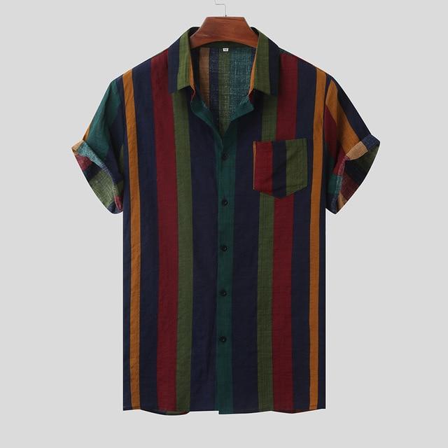 Hawaii Men Shirt Blouse Multicolor stripes Loose Short Sleeve
